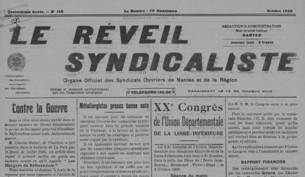Extrait de la une du Réveil syndicaliste, n°118, octobre 1933.