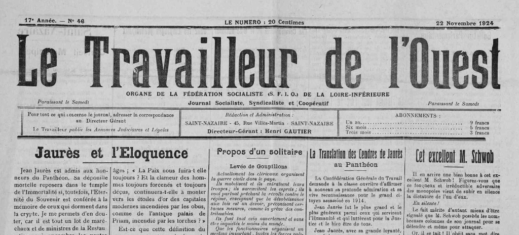 Une du Travailleur de l’Ouest n°46 (22/11/1924)
