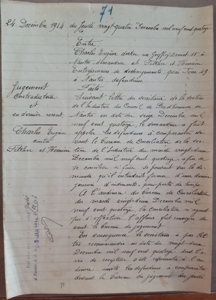 Jugement contradictoire de l’affaire Charles c/ Fitcher & Hémion (ADLA 5 U 1 63)